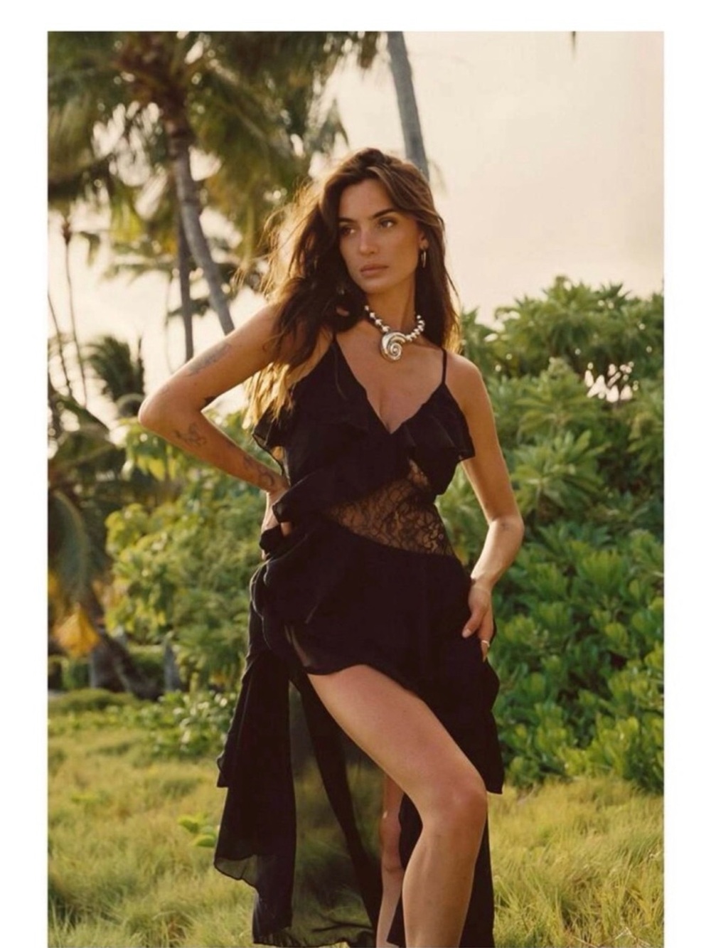 12th Tribe Nyx Black Lace Inset Ruffle Chiffon Maxi Dress Size Large L - Picture 3 of 8